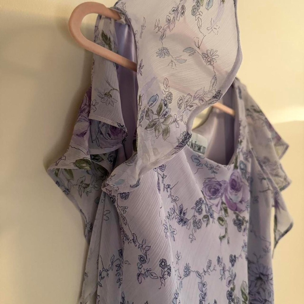 Vintage 90s Lavender Floral Chiffon Blouse Y2K Flutter Sleeve Top Sz Small - Picture 7 of 8